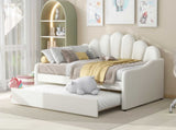 Full Size Upholstery Daybed Frame with Shall Shaped Backrest and Trundle,White 05415103