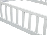 Twin Size Floor Fence Bed with Central Entrance,Pine Wood Floor bed with Guardrails,White W504P425956