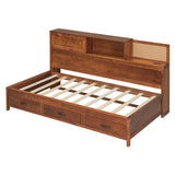 Twin Size Wooden Daybed with 3 Storage Drawers, Upper Soft Board, shelf, and a set of Sockets and N708P263524D