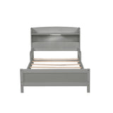 Twin Pine Wood Bed with Bookcase Headboard ,LED Motion Sensor Light, Guardrails,Grey W504P277595
