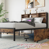Queen Size Bed Frame with 4 Storage Drawers, Metal Platform Bed with Wooden Headboard and Charging W840134067