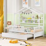 ZUN Wooden Twin Size House Bed with Trundle,Kids Bed with Shelf, White 34508043