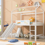 Metal House Bed With Slide, Twin Size Metal Loft Bed with Two-sided writable Wooden Board MF294384AAK