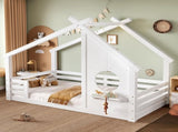 Twin House Floor Bed with Window and a Small Shelf, Solid Wood Floor Bed with House-shaped Roof, No W1580P362678