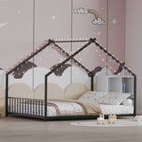 Full size children's bed frame with LED light strips, roof-shaped iron frame bed, Black,78.5" L x 17173656