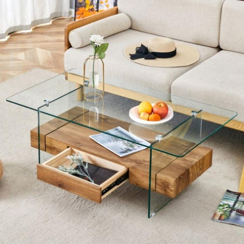 ZUN 43.3 Inch Modern Two-Tier Coffee Table - Clear Tempered Glass and Natural Wood Grain, W1151P232622