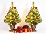 Set of 2 Small 3 Foot Cashmere Pine Christmas Tree in Cement Pot, Pre-lit 40 Warm White LEDs, 100 16975532