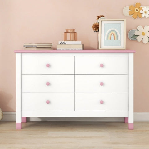 ZUN Wooden Storage Dresser with 6 Drawers,Storage Cabinet for kids Bedroom,White+Pink WF297964AAH