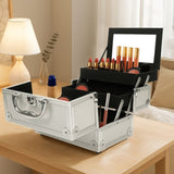 SM-2176 Aluminum Makeup Train Case Jewelry Box Cosmetic Organizer with Mirror 9"x6"x6" Silver 66231158