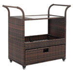 ZUN Outdoor Patio Wicker Rattan Serving Bar Cart Sideboard On Wheels Brown Gradient 72384423