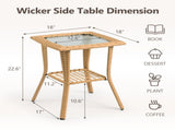 Outdoor Wicker Side Table, Rattan End Table with Glass Top, Patio Coffee Bistro Table for Indoor 30348373