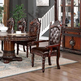 Traditional 2pcs Arm Chairs Brown Cherry Solid wood Dark Brown Leatherette Seats Tufted Back Formal B011P234704