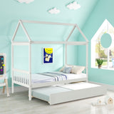 Solid Wood Twin House Bed Frame with Twin Size Trundle For White Color, No Box Spring Needed W69740991