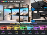 Full Size Metal Loft with Desk, LED Light Strip & Power Outlet, Heavy Duty Round Tube High Loft 98132529