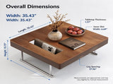 35.43" Square Walnut Coffee Table with Thickened Tabletop, Saddle Leather-Wrapped Edge and Polished W5909P583165