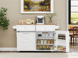 White Mobile Kitchen Island Cart with Drop-Leaf Design, Lockable Universal Wheels & Trash Storage 84900576