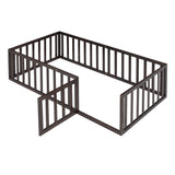 Twin Size Wood Floor Bed Frame with Fence and Door, Walnut WF299299AAL