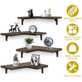 Rustic Corner Floating Shelves 4 Pack - Paulownia Wood Wall Shelves with Triangular Metal Brackets, 04436282