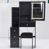 Small Size Left Bedside Cabinet Vanity Table Cushioned Stool, Touch Control Sliding LED Mirror, W936P226032