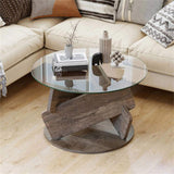 32" Grey Round Tempered Glass Coffee Table - Modern Style, 200LBS Capacity, Solid Rubberwood Base 26269779