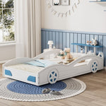 ZUN Wooden Race Car Bed,Car-Shaped Platform Twin Bed with Wheels For Teens,White & Blue WF310553AAK