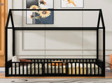 Twin Size Metal House Bed with Fence and Door, Black MF315932AAB