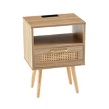 15.75" Rattan End table with Power Outlet & USB Ports , Modern nightstand with drawer and solid wood W126573116