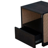 ZUN 21 Inch Handcrafted Acacia Wood Side Table Nightstand, Woven Jute Side Panels, Brown, Black B05671903