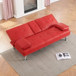 ZUN 67" Red Leather Multifunctional Double Folding Sofa Bed for Office with Coffee Table W165880941