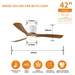 ZUN 42 inch Wood Ceiling Fans with Lights and Remote, Modern Flush Mount Low Profile Ceiling Fan with W2352P194114