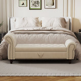 64.5" Bed Bench for Bed Room Nails Tufted Chaise of Lounge with Storage Velvet Upholstery Beige W1097P202874