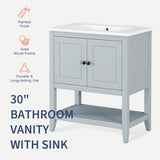 ZUN 30" Gray Modern Sleek Bathroom Vanity Elegant Ceramic Sink with Solid Wood Frame Open Style Shelf & N725P189825E