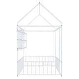 Twin Size Metal Bed House Bed Frame with Fence and Shelves, White N737P175360K