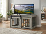 31.5" Dog Crate Furniture with Sliding Barn Door, Wooden Dog Kennel End Table for Indoor Use - Gray 01135326