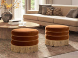 Edward 17.5" Round Upholstered Ottoman with Bullion Fringe Burnt Orange Performance Velvet B2719P320842