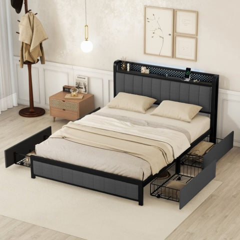 ZUN Queen Bed Frame with LED Headboard, Upholstered Bed with 4 Storage Drawers and USB Ports, Dark Grey W1580P166722