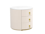 Upholsteredstand with 3 Drawers, Round Bedside Table with Metal Handles,Marbling Stickers Top N733P272609A