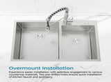 33"x19" Embedded Double Bowl Kitchen Sink, Overmount Handmade Sink in Brushed Unable 51108838