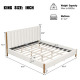 King Size Bed Frame with Boucle Upholstered Thick Headboard, Solid Wooden Legs, White N757P256984K