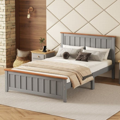 ZUN Full Size Wood Platform Bed Wooden Slat Support, Vintage Simple Bed Frame with Rectangular Headboard WF313317AAE