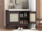TREXM Boho Rattan Entryway Bench with Storage, Cushioned Shoe Bench with Double Doors, Wooden Shoe N715P308012P