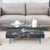 43.3 Inch Modern Two-Tier Coffee Table - Clear Tempered Glass and Black Marble Texture, W1151P232637