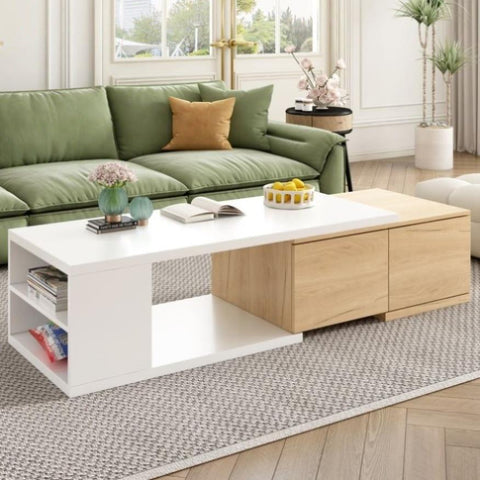 ZUN ON-TREND 47.2''-57''W Extendable Coffee Table 2 Storage Drawers, Dual-tone Wood Center Table WF531670AAK