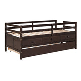 ZUN Low Loft Bed Twin Size with Full Safety Fence, Climbing ladder, Storage Drawers and Trundle Espresso WF312991AAP