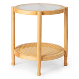 19.7in Rattan Coffee with Glass Top, Small Round End, Boho Style Side Sofa End 07678720