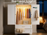 White Wardrobe Closet with Mirror Door, 2 Doors & 2 Drawers Storage Cabinet with LED Sensor Light, 36362195