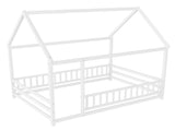 Full Size Floor Wooden Bed with House Roof Frame, Fence Guardrails,White W1858P389981