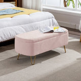 Pink Storage Ottoman Bench for End of Bed Gold Legs, Modern Grey Faux Fur Entryway Bench Upholstered W1170104172