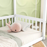 Twin Size Canopy Frame Floor Bed with Fence, Guardrails,White W504P143278