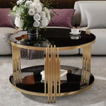 ZUN Modern Black Mirror Coffee Table, Asymmetrical Metal, Circular Metal Drum Base, Gold Finish & Lower N735P177478B